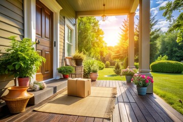 Vibrant sunny day, empty rustic porch with welcome mat, lush green garden, and moving boxes scattered around, awaiting new family's arrival and memories.