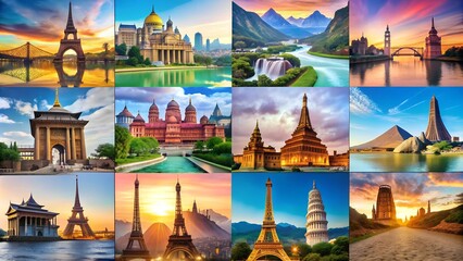 Obraz premium A Tapestry of Global Icons: A Vibrant Collage of World Landmarks AI generated