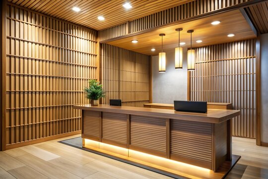 Japanese hotel design, reception desk, wood