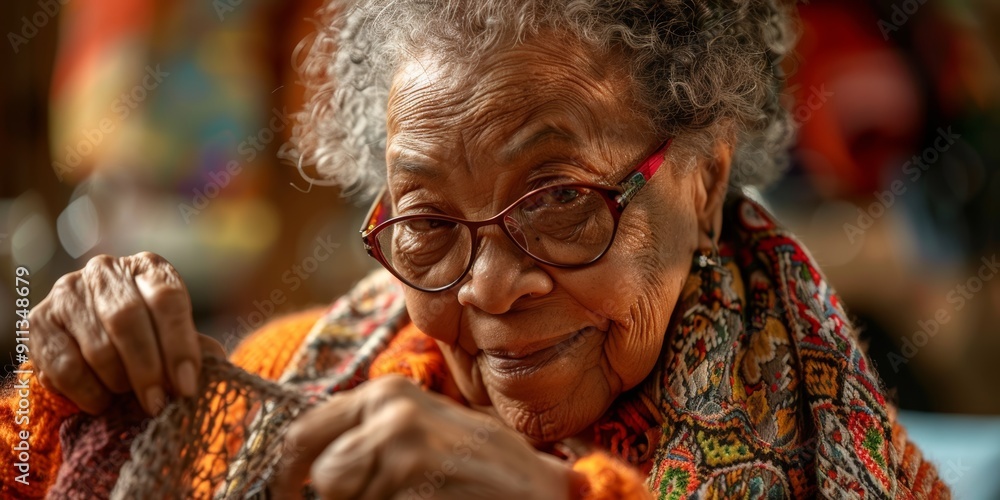 Canvas Prints Joyful expression on the face of an Afro-Latina grandmother knitting a scarf.