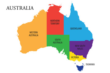 Vector map of Australia showing the six federal states