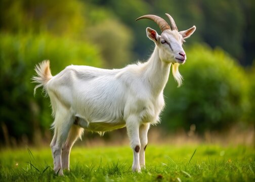 View from side body of a Saanen goat standing on grass, Awe-inspiring, Full body shot ::2 Side Angle View