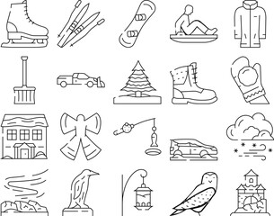 Obraz premium winter snow season blue icons set vector. cold landscape, holiday snowflake, sky ice, forest nature, card banner, tree scene winter snow season blue black contour illustrations