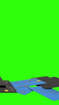 Debit and Credit cards rain falling stacked on the floor on green screen background. Representation of consumerism, debt, household finance, shopping online, retail, wealth, etc. Vertical Animation 3d