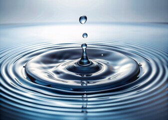 Delicate water droplets suspended in mid-air, some falling into rippling water, creating intricate patterns and realistic splashes on a clean white background.