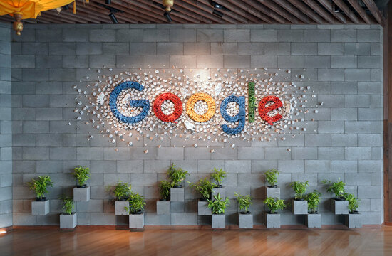 Jakarta, Indonesia - March 18, 2023: Close up of Google sign is seen in its office building in Jakarta Indonesia. Google is an American multinational technology company.