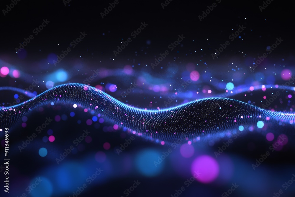 Poster the wave of glowing dots on the dark background is a symbol of digital technology.