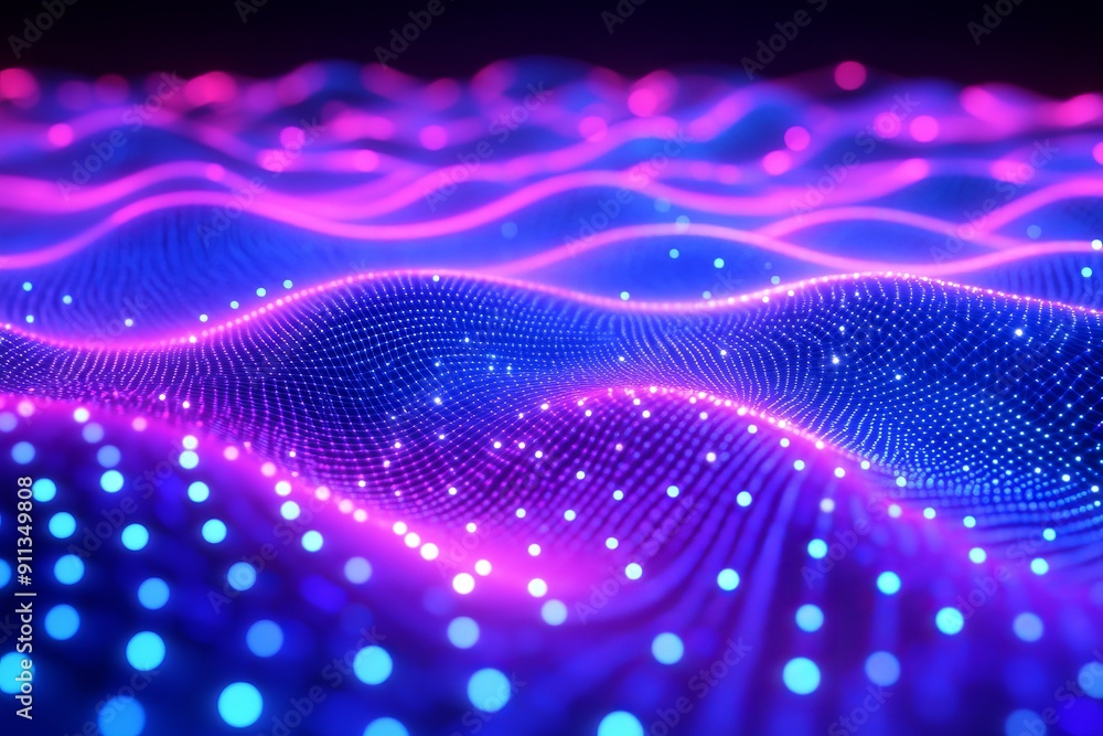 Poster symbolizing digital technology, abstract glow dots form a wave on a dark background. stock image.