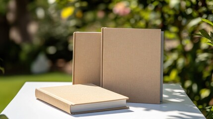 Two beige books with textured kraft hardcovers placed on a white table outdoors, blending natural...