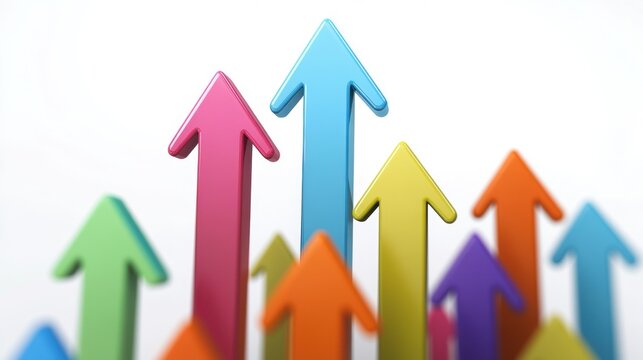 Financial statistics arrows in vibrant colors pointing upwards, against a clean, white background, indicating growth and progress.