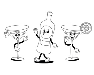 Vector set of linear monochrome cartoon retro mascot characters walking glass vermouth bottle and cocktail glasses. Stickers isolated on a white background.