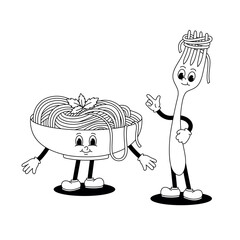 Vector monochrome illustration of cartoon retro mascot characters walking plate and fork with pasta. Vintage style 30s, 40s, 50s old animation. Stickers isolated on a white background.