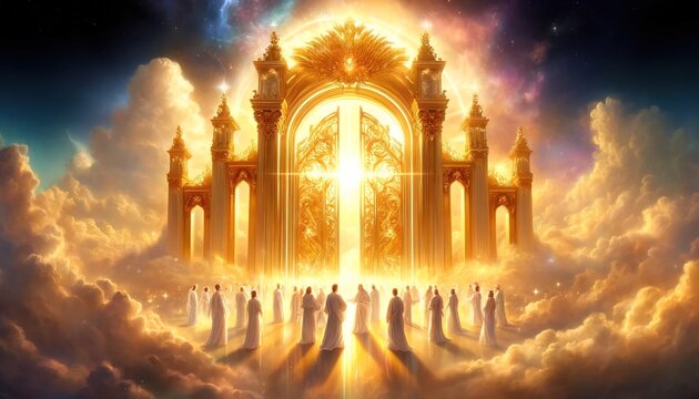 The golden gate in the clouds at the entrance to the Kingdom of Heaven and the righteous near the gate
