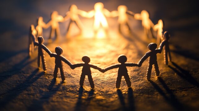 Network of stick figures in a circle, symbolizing teamwork and unity.
