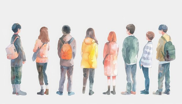 A group of diverse individuals with backpacks, standing together and looking away, illustrated in a soft watercolor style.
