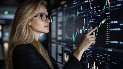 A focused business professional examines analytics on a digital interface, demonstrating expertise in data interpretation during a late evening in a contemporary workplace