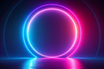 Vibrant neon pink and blue textured round circle background features futuristic composition of circle gradient shapes, evoking a mesmerizing and abstract digital atmosphere.