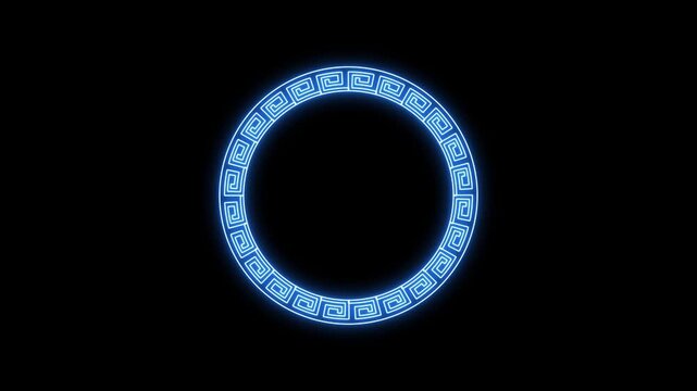 Glow animated  ancient Greek pattern in the form of a blue meander on a black background 4K video