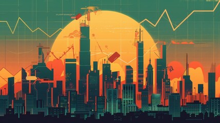 Obraz premium Vibrant city skyline with cranes and graphs against a sunset backdrop, symbolizing growth and development in urban landscapes.