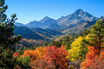 A breathtaking mountain range adorned with autumn colors.