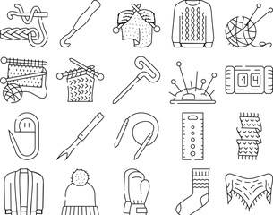 knitting wool textile knit icons set vector. thread fabric, craft handmade, yarn warm, sweater knitwear, fashion woolen knitting wool textile knit black contour illustrations