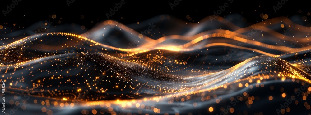 Aufkleber dark background with golden glowing dots forming an abstract wave pattern