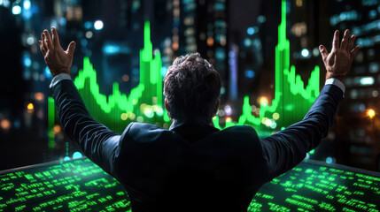 A business professional stands confidently before digital market charts, symbolizing success and data-driven strategy in finance.