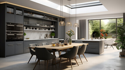 Fototapeta premium Modern interior design of kitchen with island, dining table and chairs ,Modern minimalist kitchen interior