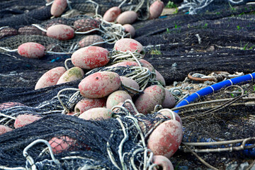 sieć rybacka z pływakami na brzegu, suszące sie na brzegu sieci rybackie z pływakami, fishing net on the shore, fishing net drying, Fishing net in the harbor, nets and floats are dried on the shore.
