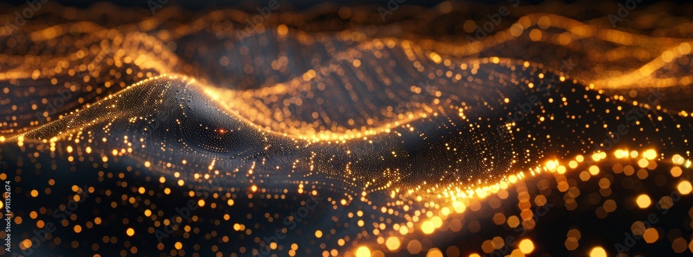 Poster dark background with golden glowing dots forming an abstract wave pattern