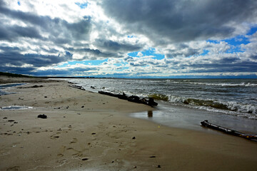 drewno na plaży na tle morza, kawałek drwena na plaży, malowniczy pejzaż nadmorski, log on the sand on the sea shore, beach scene with a large log and sand © kateej