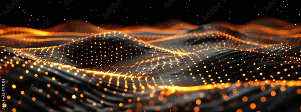 Poster dark background with golden glowing dots forming an abstract wave pattern