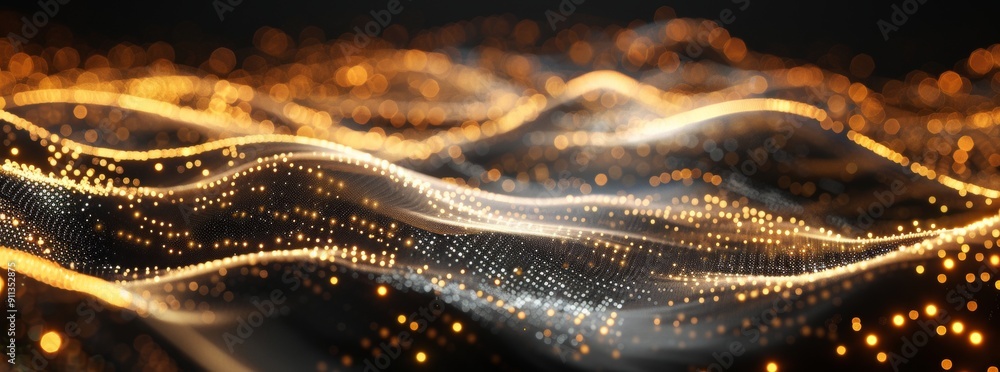 Poster dark background with golden glowing dots forming an abstract wave pattern