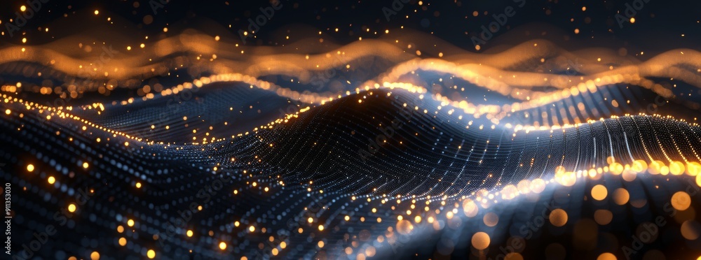 Poster dark background with golden glowing dots forming an abstract wave pattern