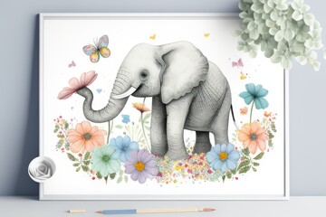 Watercolor illustration of a baby elephant surrounded by a wreath of colorful flowers and butterflies