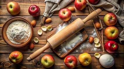 Fresh apples, flour, sugar, eggs, and pastry dough surround a worn wooden rolling pin on a rustic kitchen table, evoking warmth and homemade comfort.