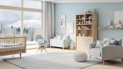 Baby room interior with comfortable crib ,Interior of stylish children room ,A minimalistic nursery room in Scandinavian style