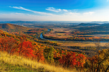 Fototapeta premium A panoramic view from a hilltop in autumn.