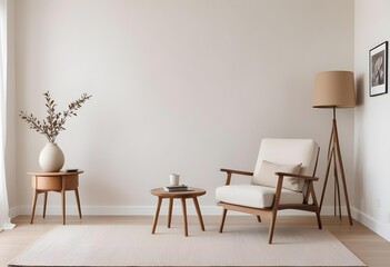 A minimalist living room with a beige armchair, a wooden side table, and a white wall