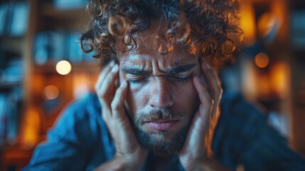 Obraz premium A young man with curly hair and a beard holds his head in his hands, clearly stressed and overwhelmed in a cozy, dimly-lit room.