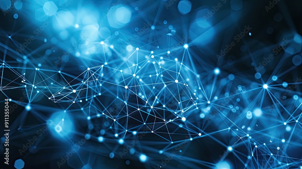 Poster Blue abstract background with a network grid and particles connected