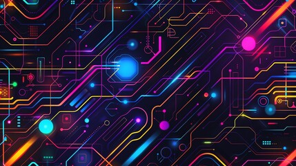 Obraz premium Abstract background with futuristic technology and colorful neon glowing lines.