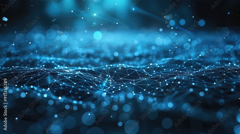 Poster Blue abstract background with a network grid and particles connected