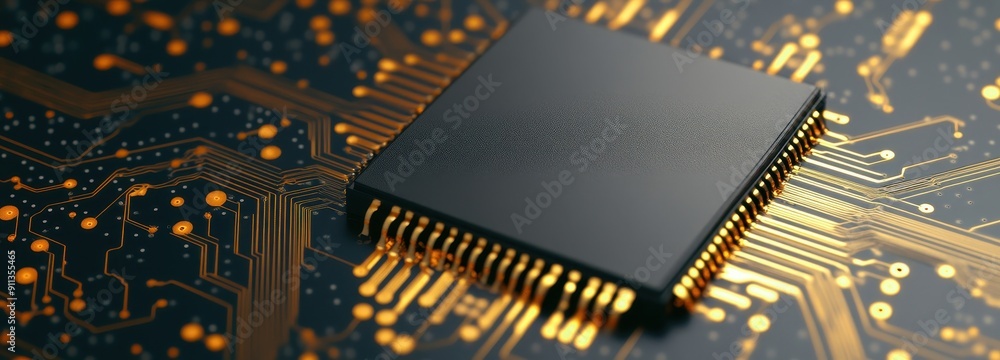 Poster close-up of a microchip on a circuit board, showcasing intricate details and connections in modern t
