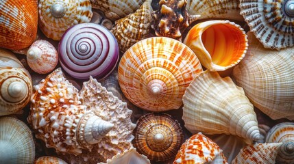 Detailed view of a collection of seashells, showcasing their intricate patterns and colors.
