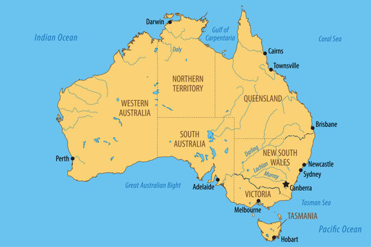 Vector map of Australia with the federated states and major cities