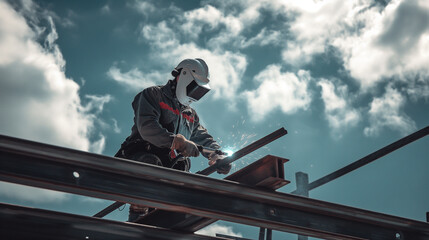 A metal worker in a protective suit and helmet is welding steel beams with sparks at a construction site building. Craftsman metal, manufacturing production, metalwork, steel industry concept.