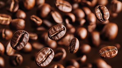 Fototapeta premium Detailed view of coffee beans, some falling, against a dark brown background, capturing their rich tones.