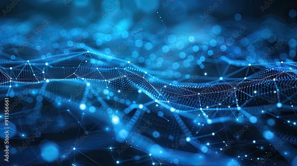 Poster Blue abstract background with a network grid and particles connected