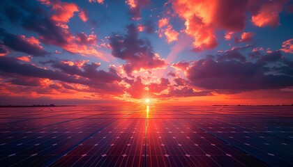 Obraz premium Sunset sky background, photovoltaic solar panels, green clean energy concept, sustainable power generation